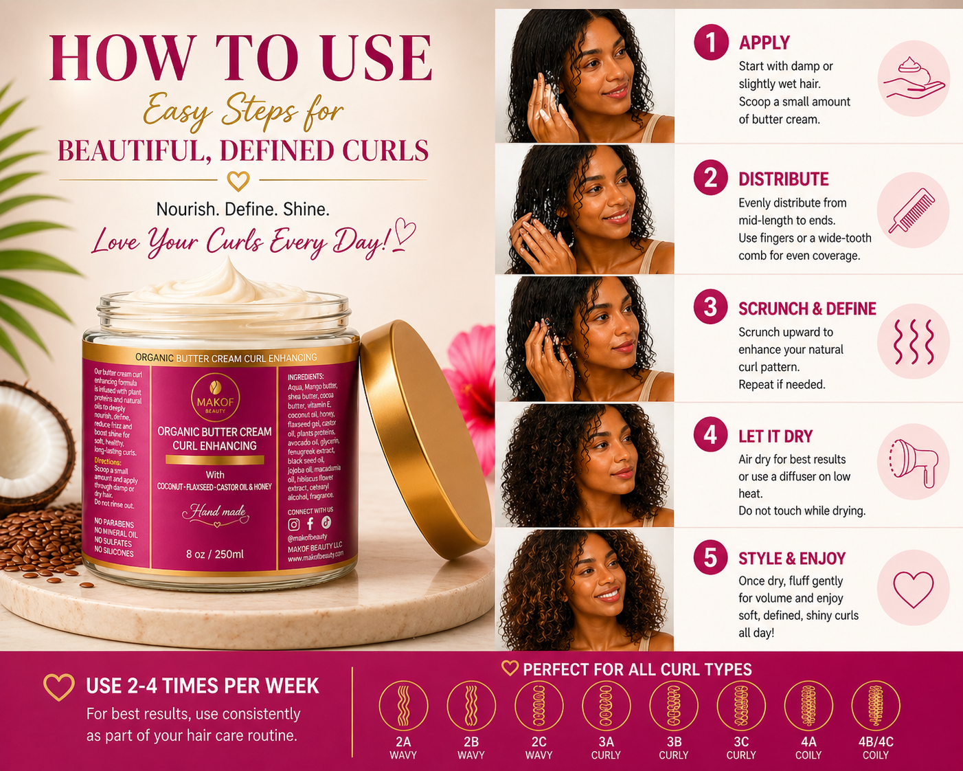 CURLS ENHANCING COCONUT BUTTER CREAM. WITH CASTOR OIL, FLAXSEED & COCONUT. FOR COILY & CURLY HAIR TYPES. 8 oz