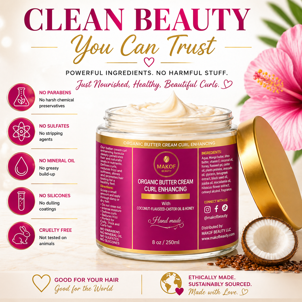 CURLS ENHANCING COCONUT BUTTER CREAM. WITH CASTOR OIL, FLAXSEED & COCONUT. FOR COILY & CURLY HAIR TYPES. 8 oz