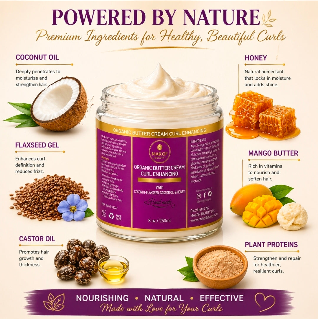 CURLS ENHANCING COCONUT BUTTER CREAM. WITH CASTOR OIL, FLAXSEED & COCONUT. FOR COILY & CURLY HAIR TYPES. 8 oz