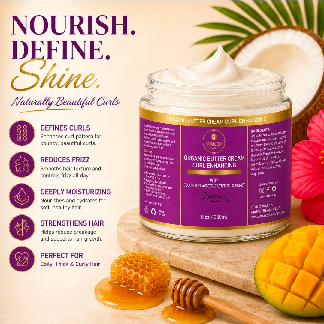 CURLS ENHANCING COCONUT BUTTER CREAM. WITH CASTOR OIL, FLAXSEED & COCONUT. FOR COILY & CURLY HAIR TYPES. 8 oz