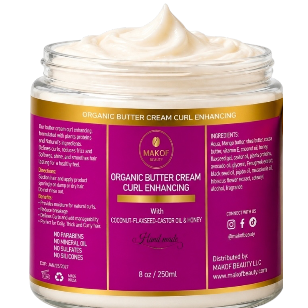 CURLS ENHANCING COCONUT BUTTER CREAM. WITH CASTOR OIL, FLAXSEED & COCONUT. FOR COILY & CURLY HAIR TYPES. 8 oz